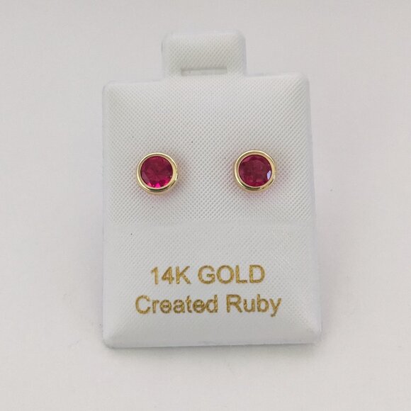 14KT GOLD Created Ruby Small Stud Earrings - Picture 1 of 4